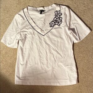 Escada White V-Neck Top with Black Floral Detail